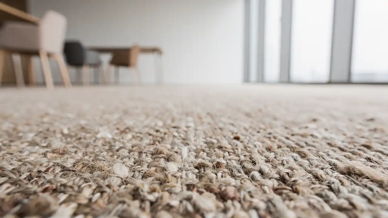 Oficina moderna con moqueta de fibra natural en tonos cálidos y luz suave