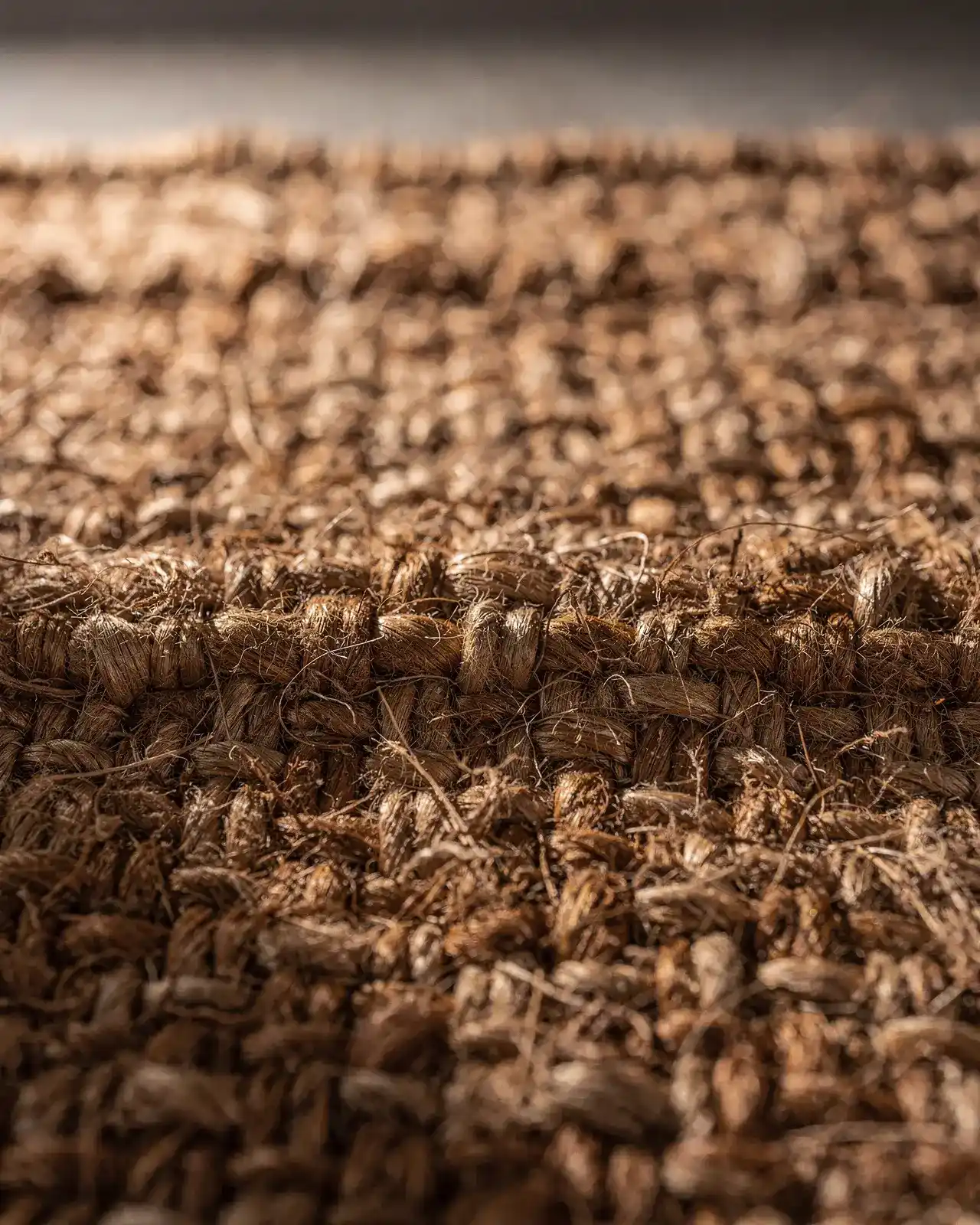 Macro de una alfombra de fibra de coco natural tejida, con luz rasante