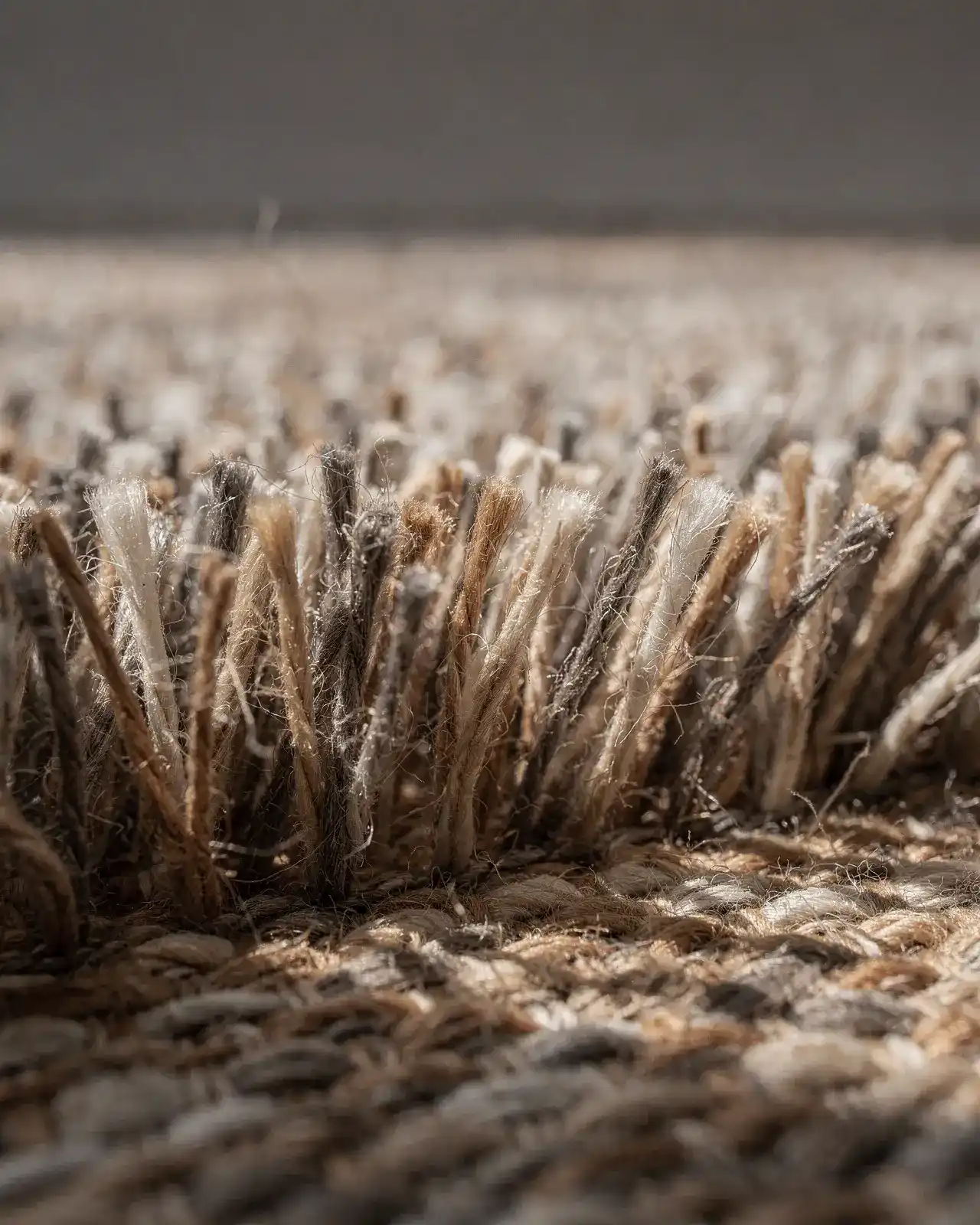 Macro de una alfombra de lana natural tejida, con luz rasante